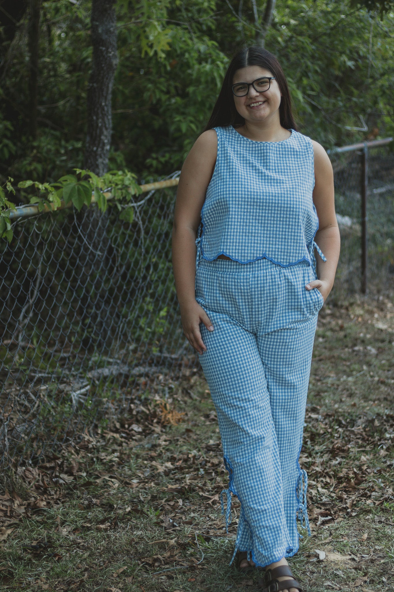 Gingham Girl Bow Linen Pants