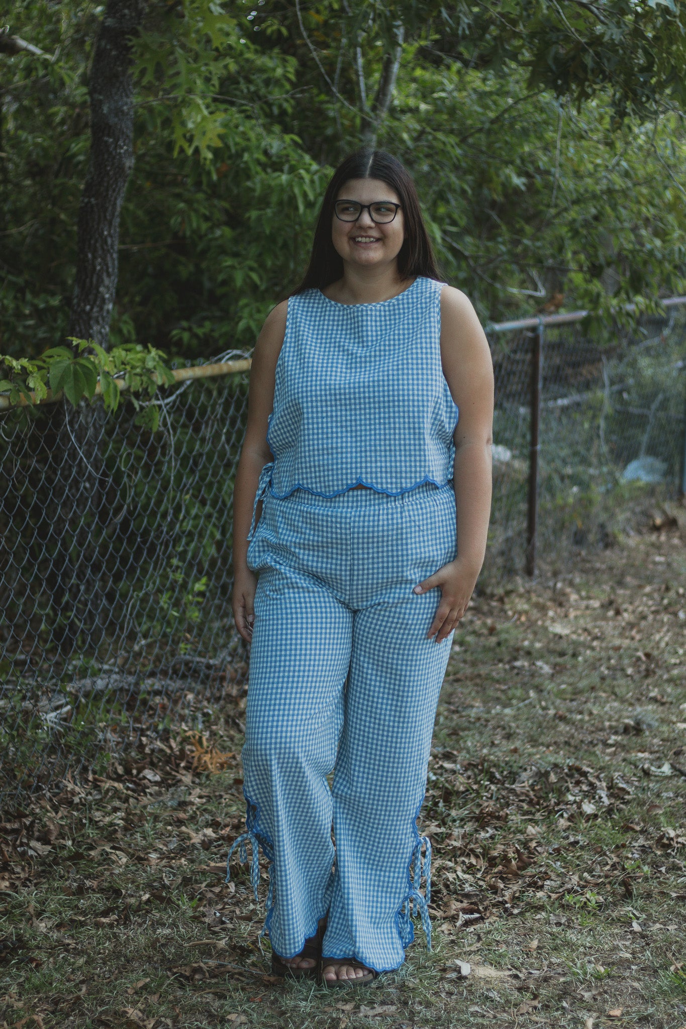 Gingham Girl Bow Linen Pants