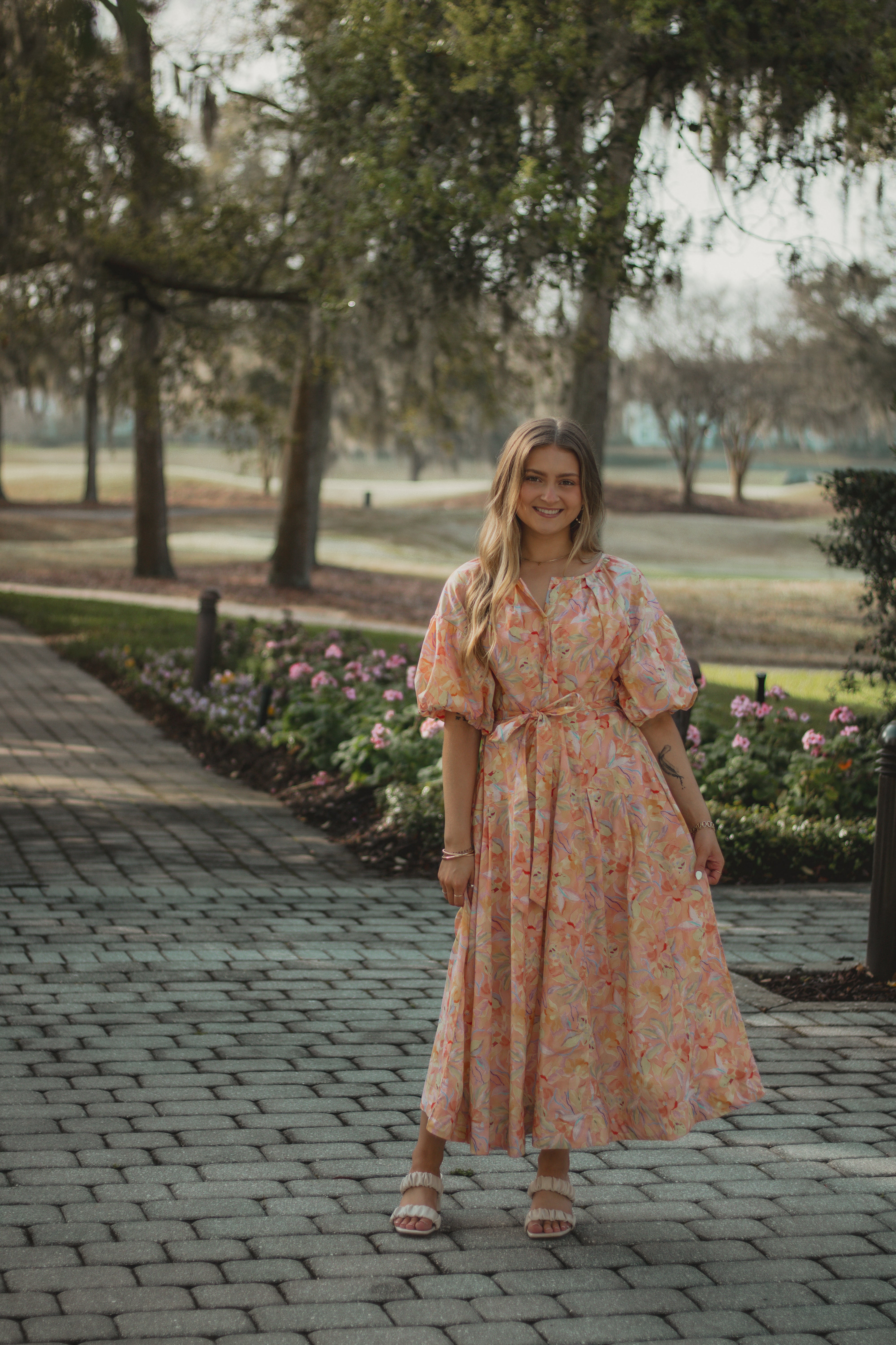 Peachy Sunrise Midi Dress