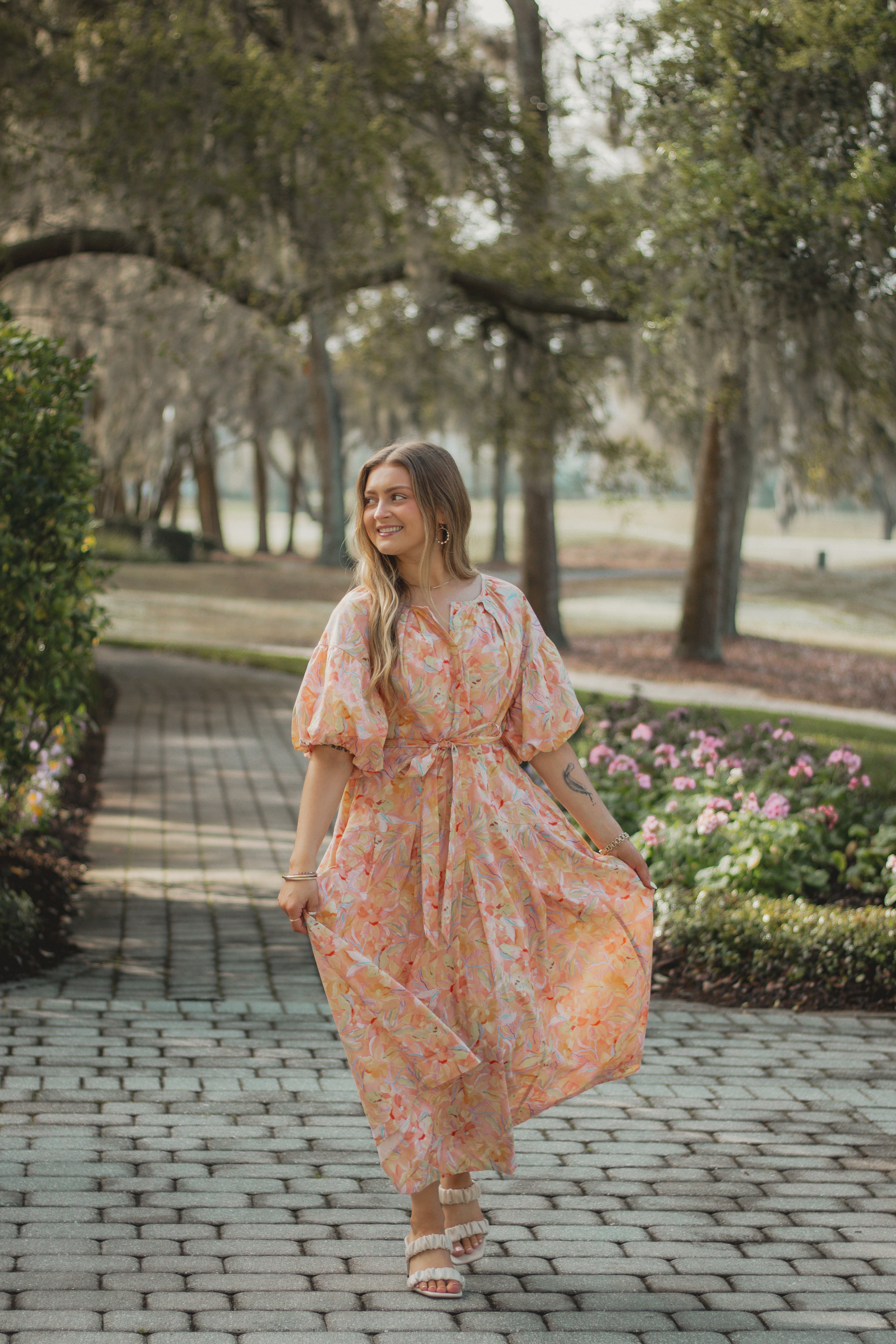 Peachy Sunrise Midi Dress