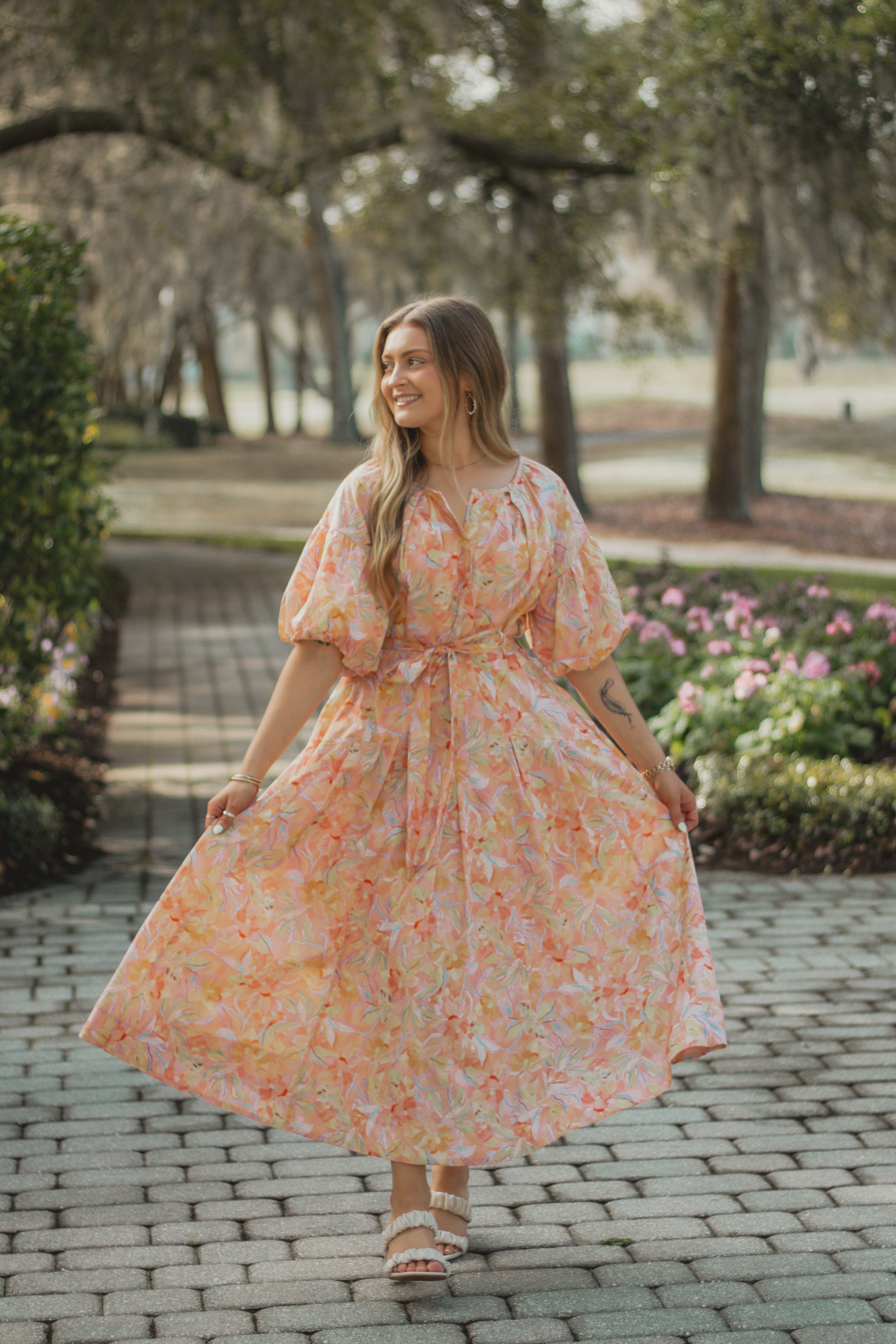 Peachy Sunrise Midi Dress