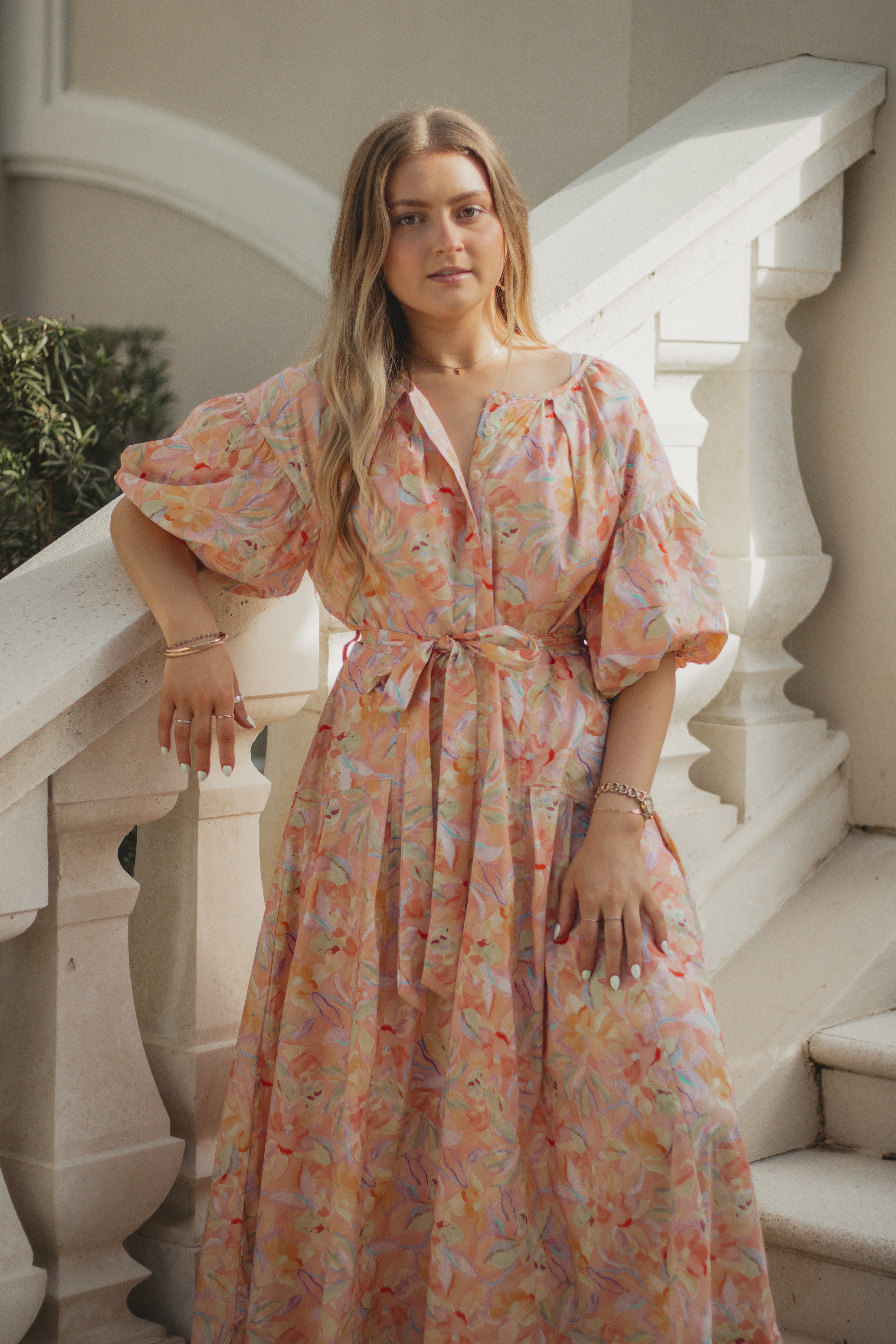 Peachy Sunrise Midi Dress